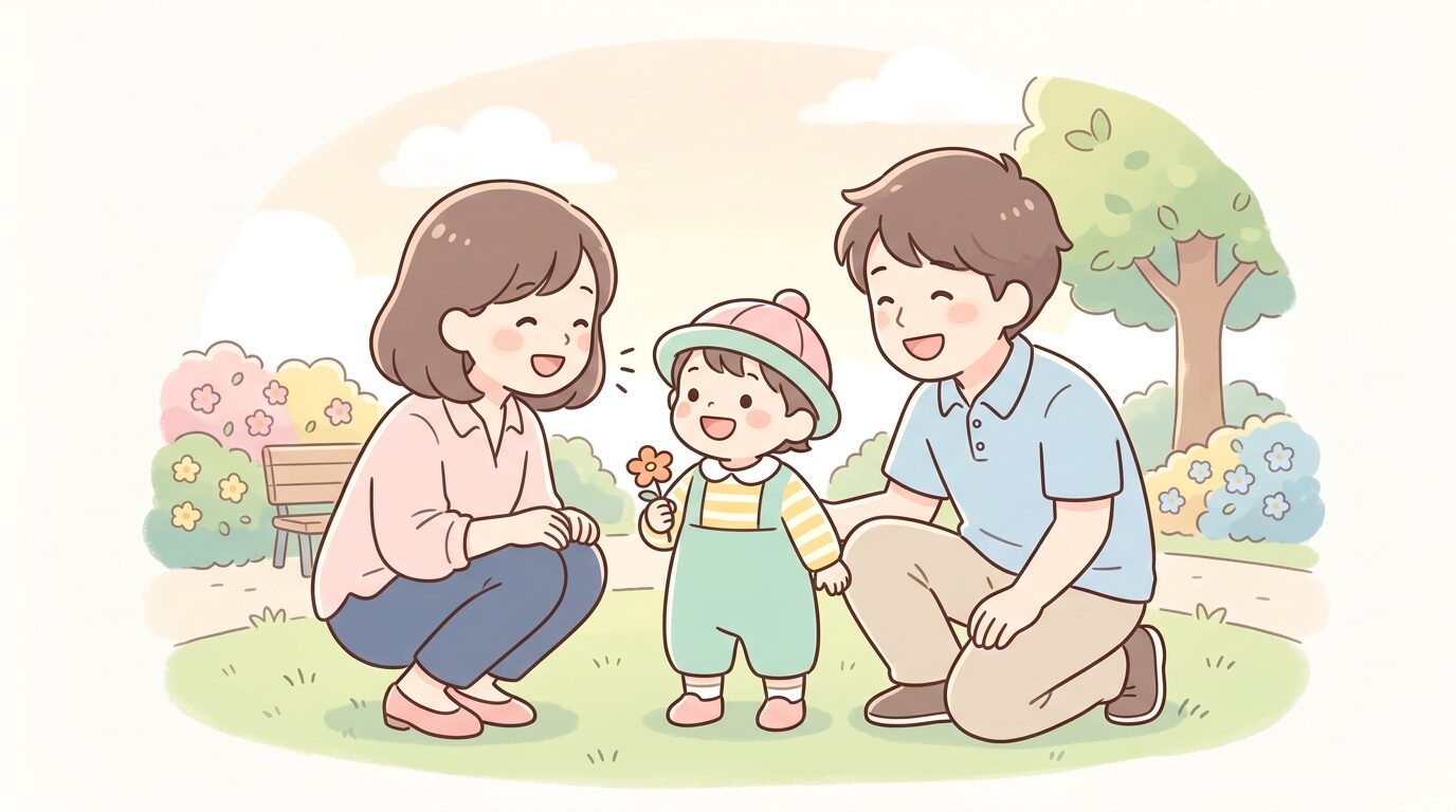 公園で子どもと目線を合わせて笑いながら会話する両親