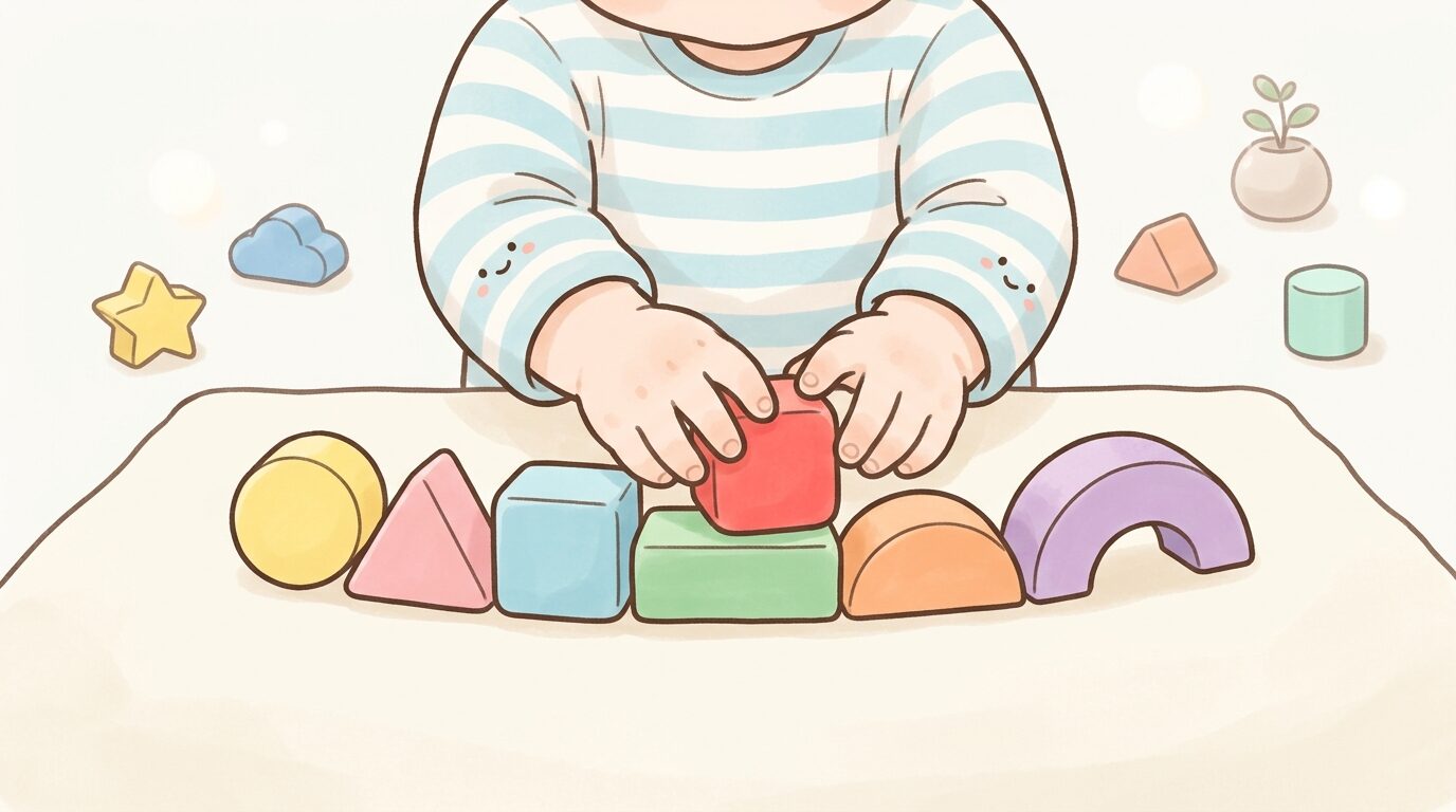 積み木のカラフルなブロックを並べて遊ぶ2歳児の小さな手元