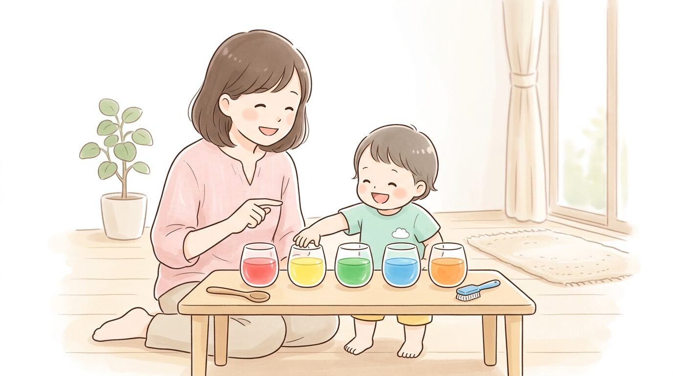 透明なコップに入った色とりどりの色水を並べて遊ぶ親子の様子