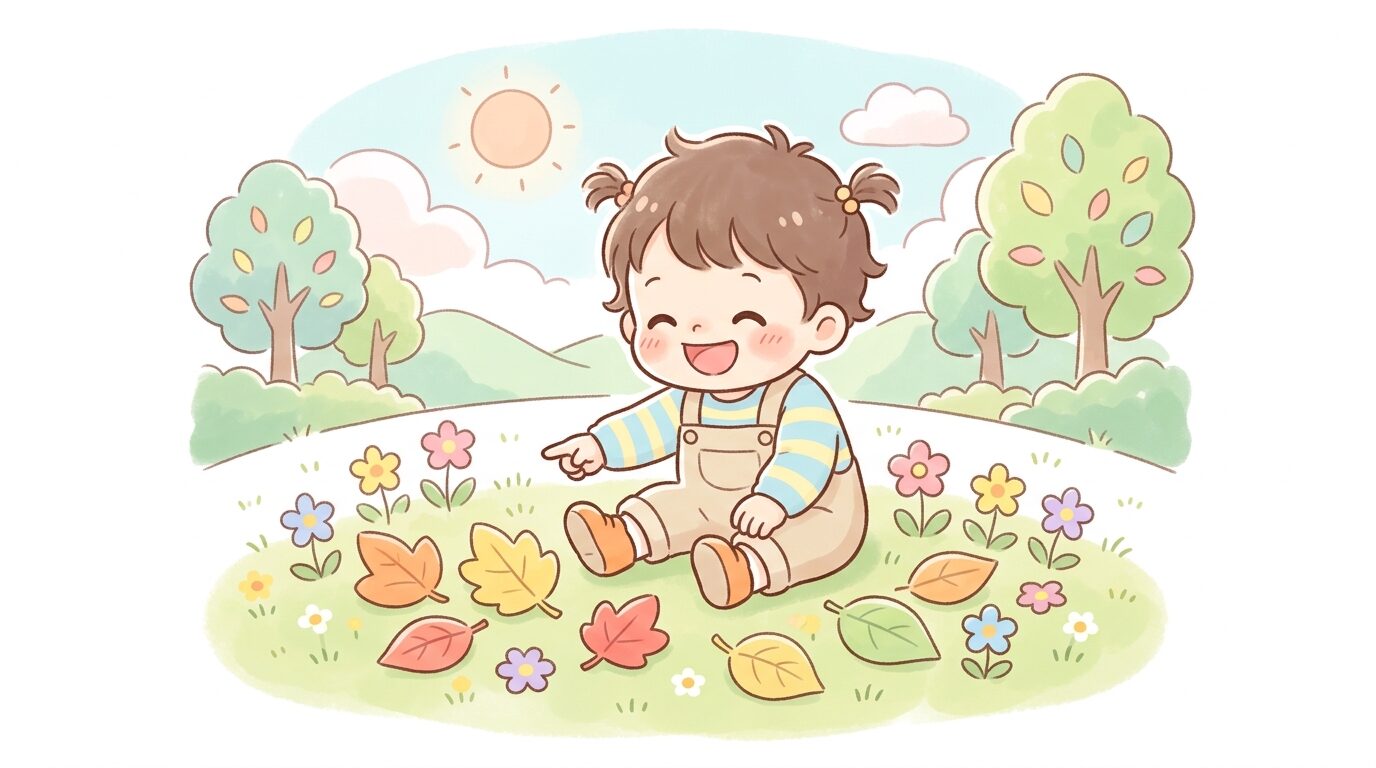 公園でカラフルな落ち葉や花を指さして楽しそうに笑う2歳児