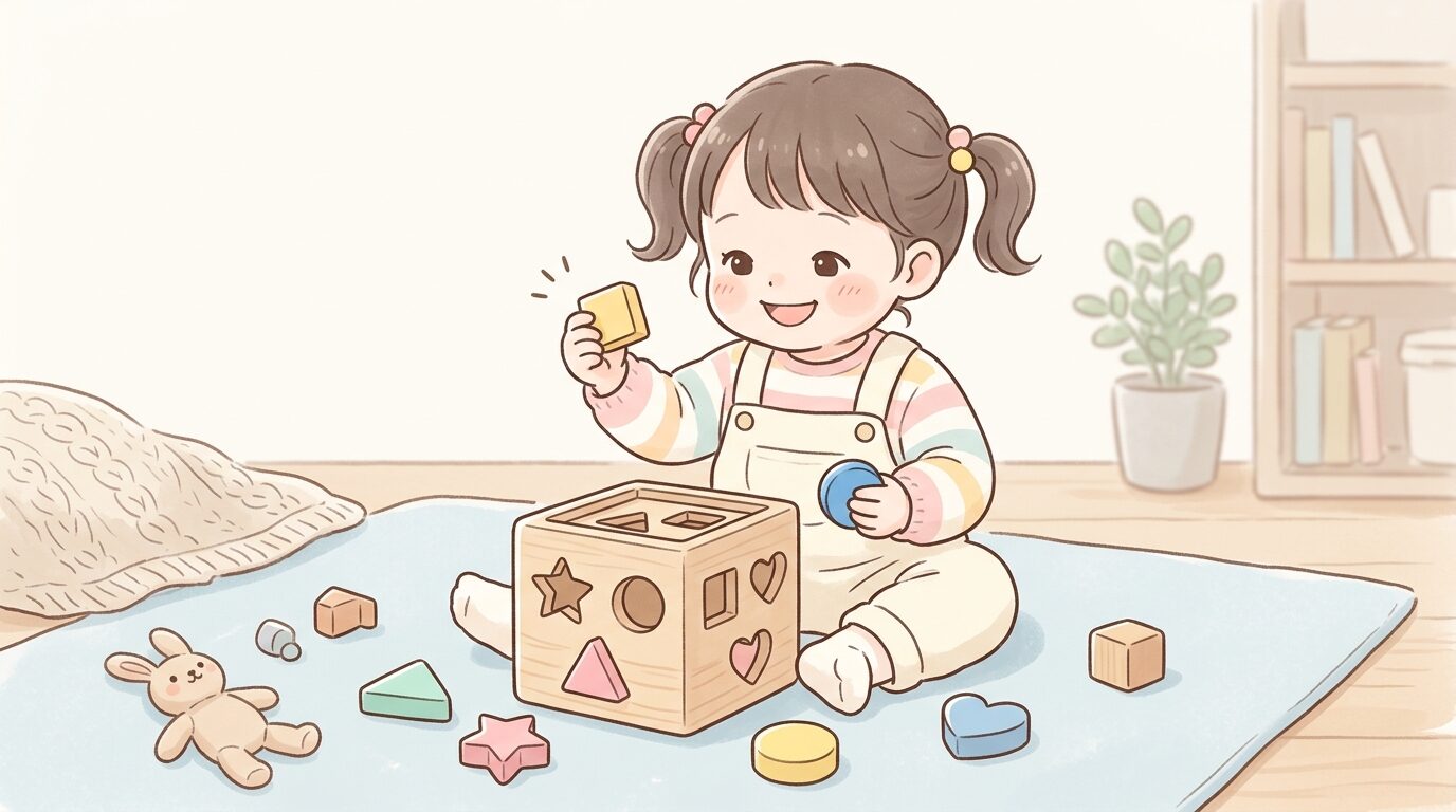 木製の型はめパズルで丸・三角・四角のピースを手に取って遊ぶ2歳児の女の子
