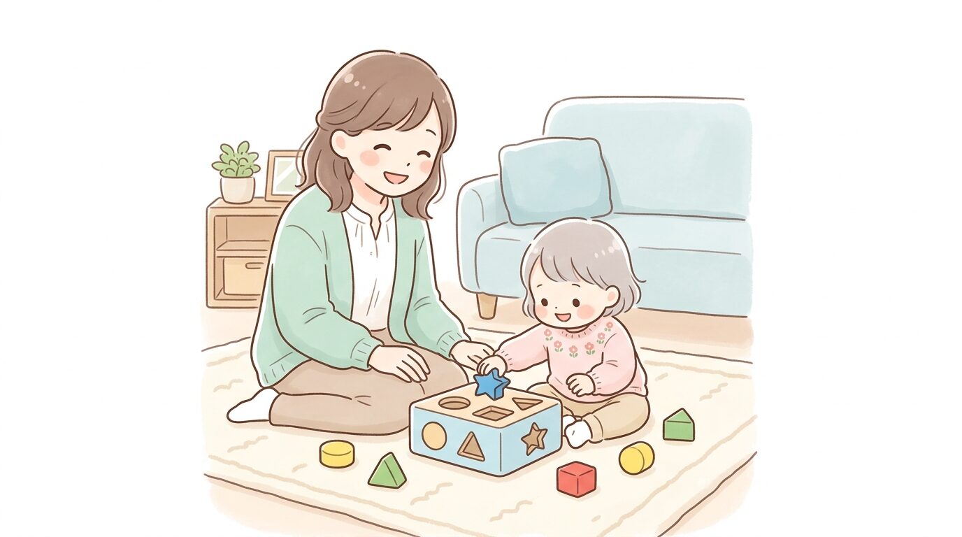 リビングのラグの上で親子が向き合い型はめパズルに取り組んでいる様子