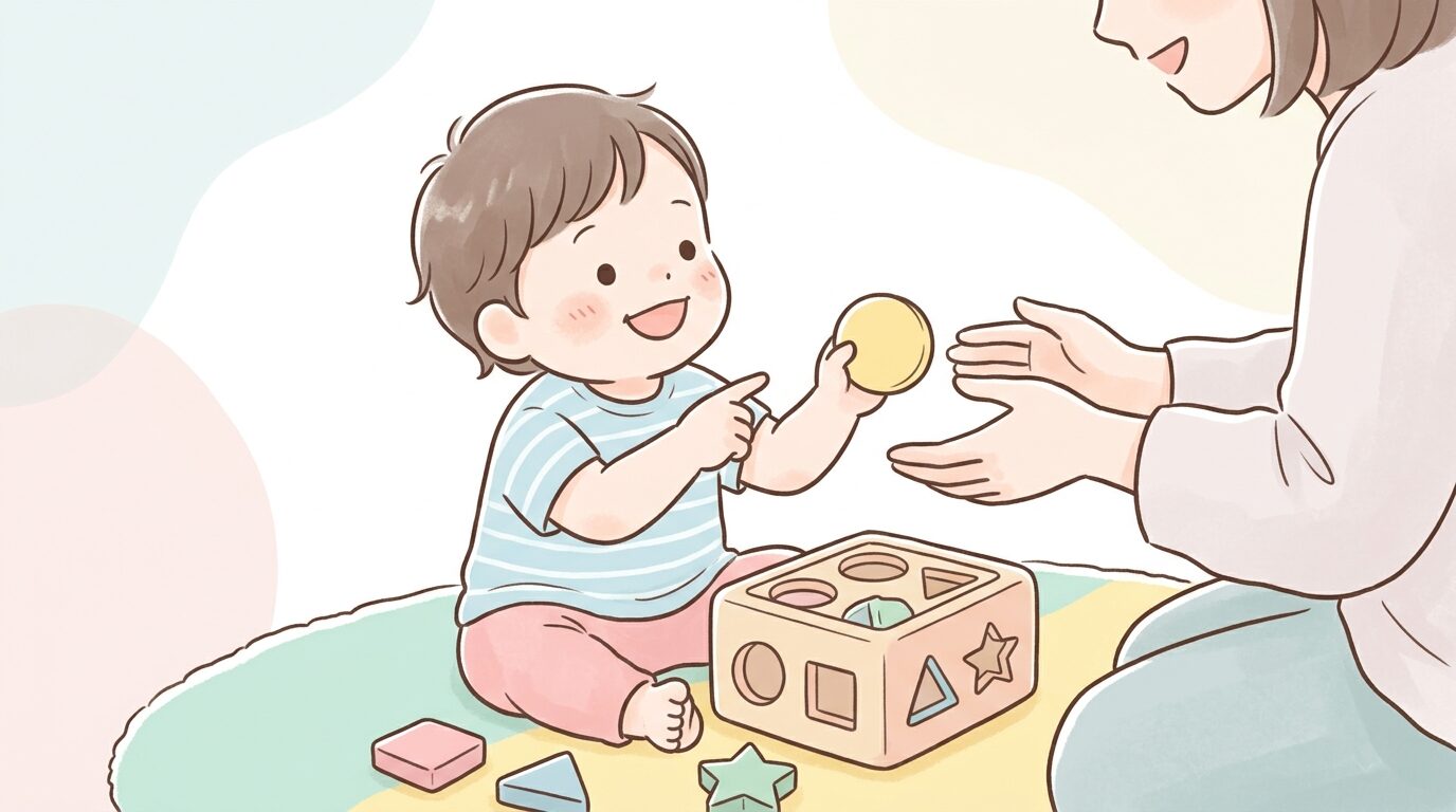 型はめパズルの丸いピースを指さして親に嬉しそうに見せる2歳児
