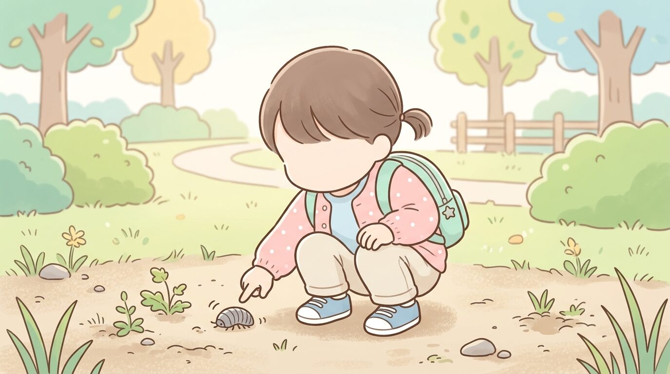 公園の地面にしゃがみ込んでダンゴムシを指でつつく2歳くらいの子どもの後ろ姿