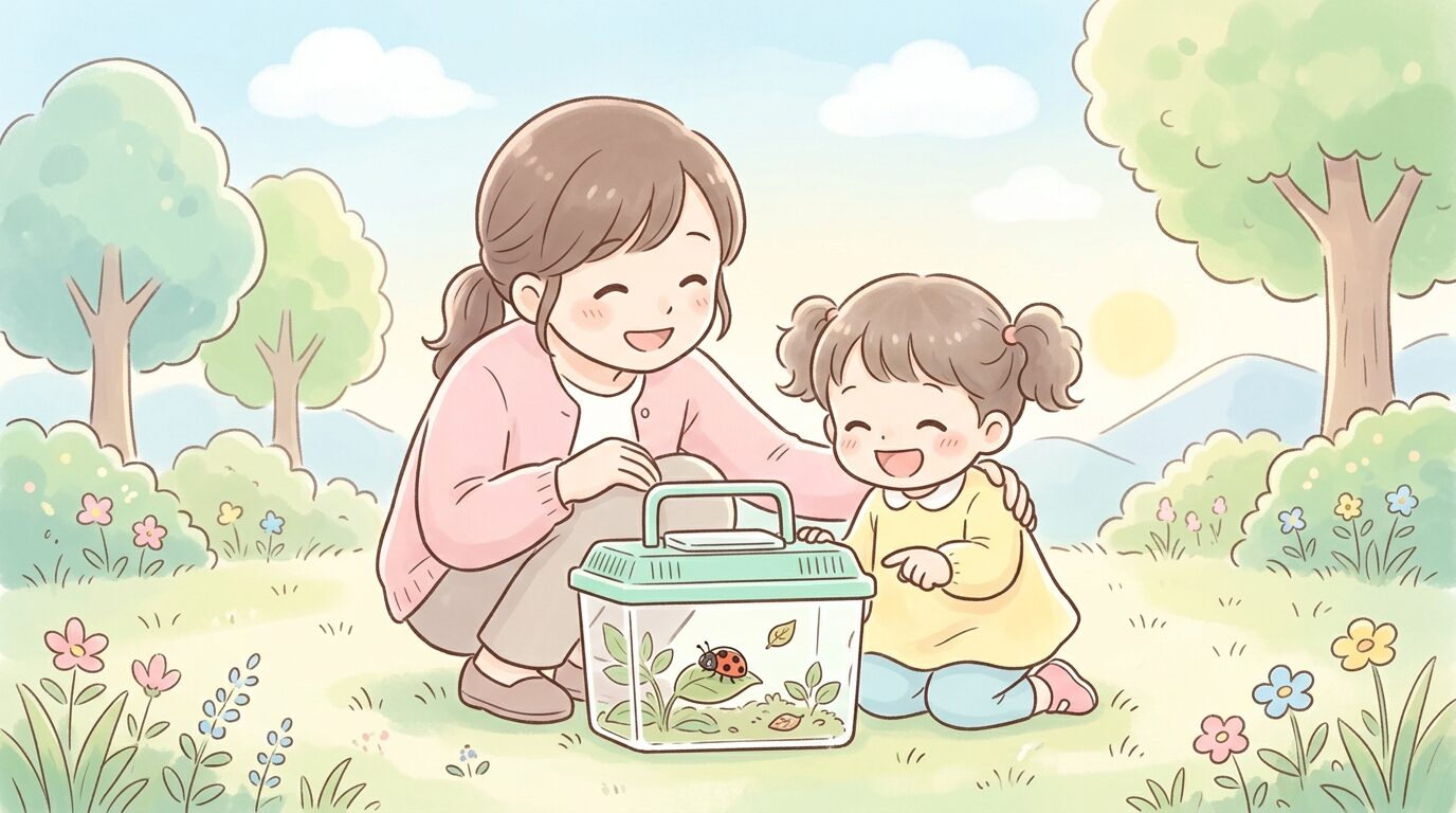 親子で虫かごをのぞき込み、笑顔でテントウムシを観察する様子