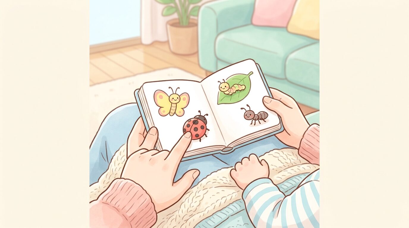 リビングで小さな絵本を子どもに読み聞かせる親の温かい手元アップ