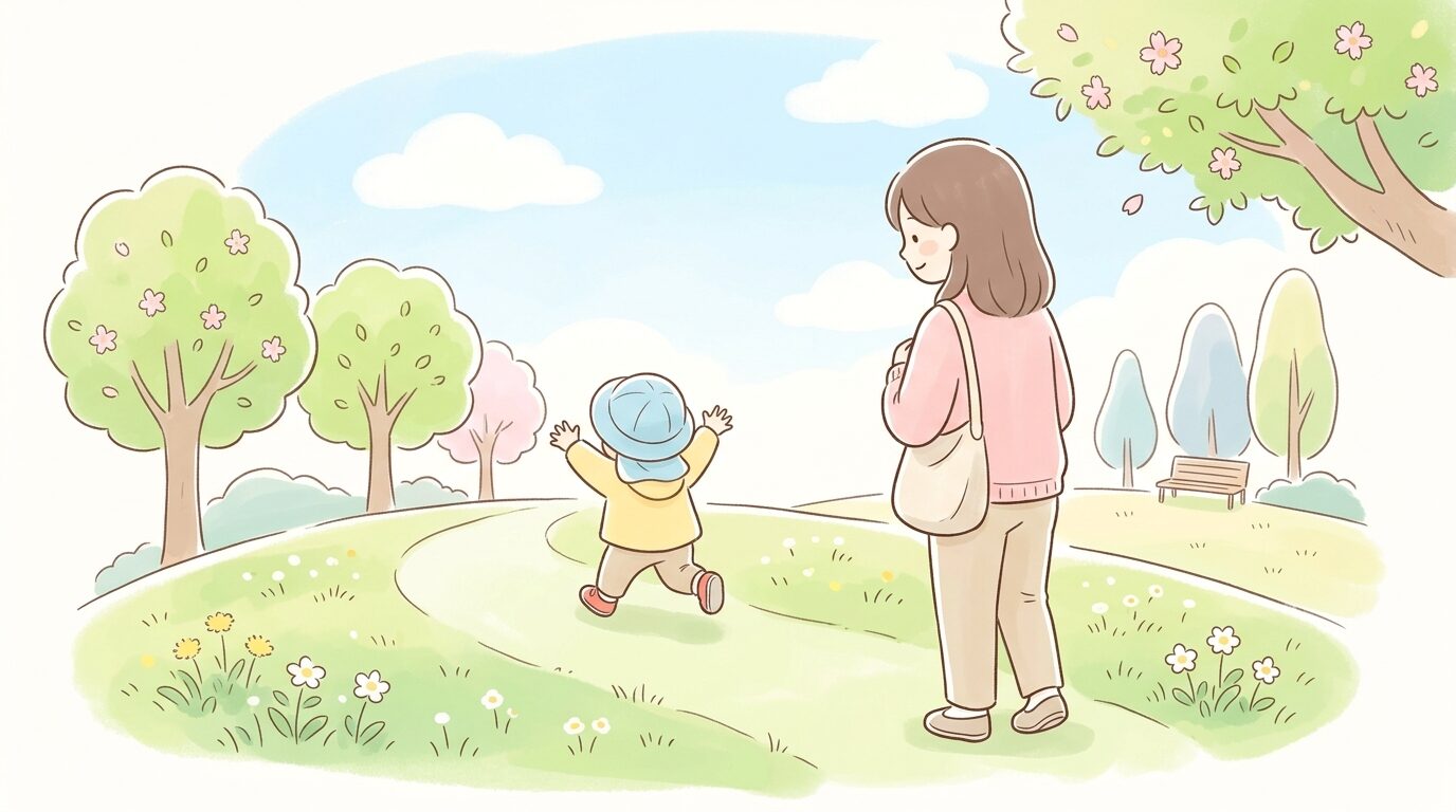 公園の芝生を元気に走る2歳くらいの子どもと見守る母親の後ろ姿、明るい春の陽射し