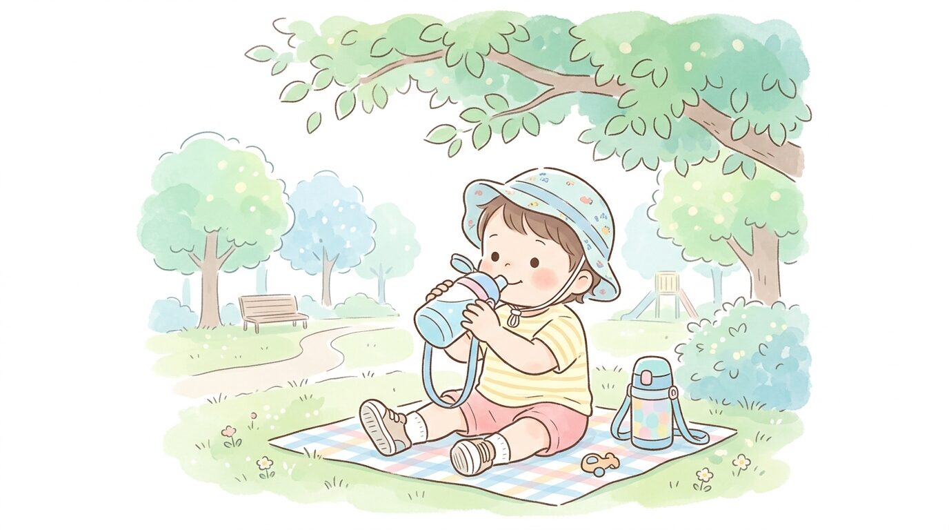 夏の公園で水筒を持ち帽子をかぶった2歳児が水分補給をしている様子、木陰の涼しい雰囲気