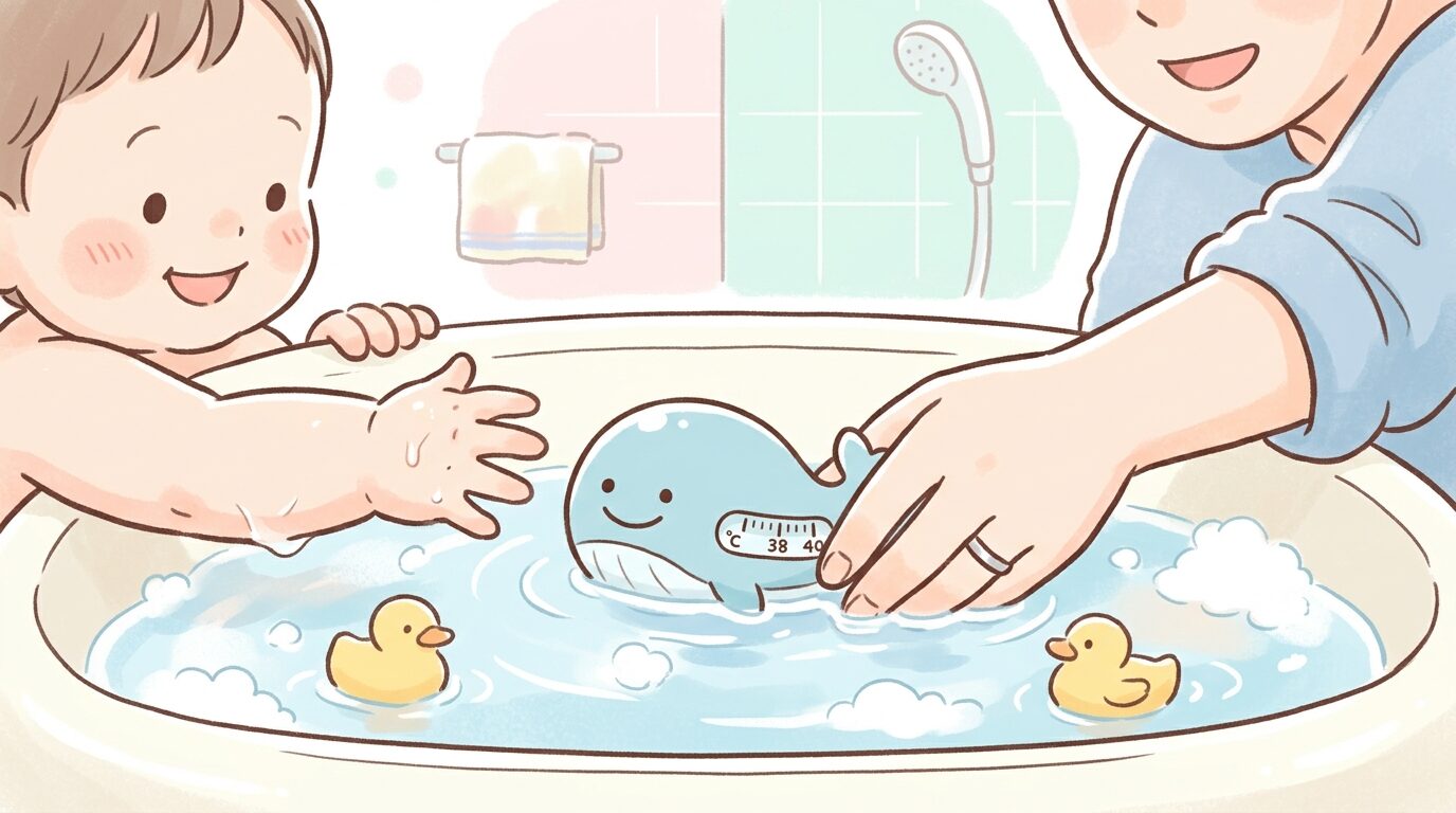 浴槽に浮かべた温度計で湯温を確認する親子の手元