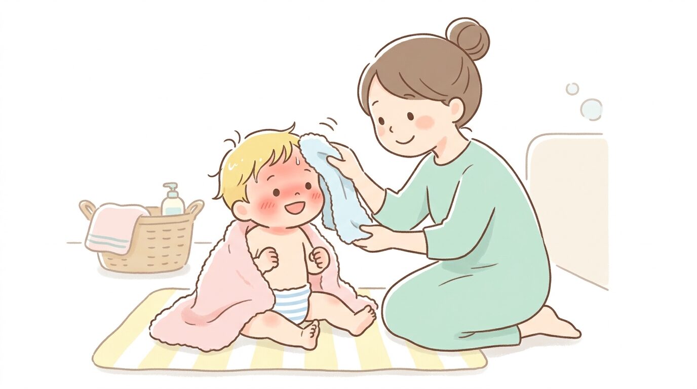お風呂上がりに顔が赤くなった2歳児をタオルで優しく拭く母親