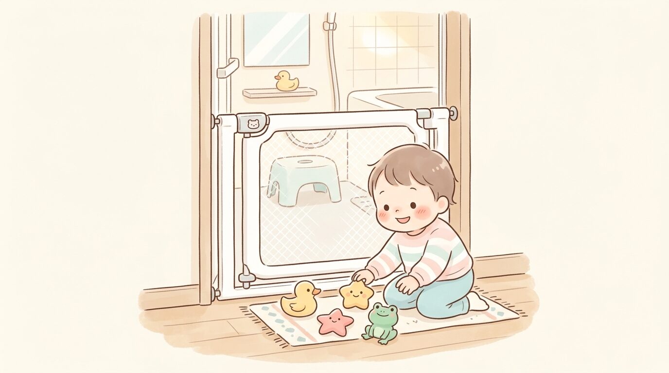 浴室の入り口に設置されたベビーゲートと安全に遊ぶ2歳児の様子