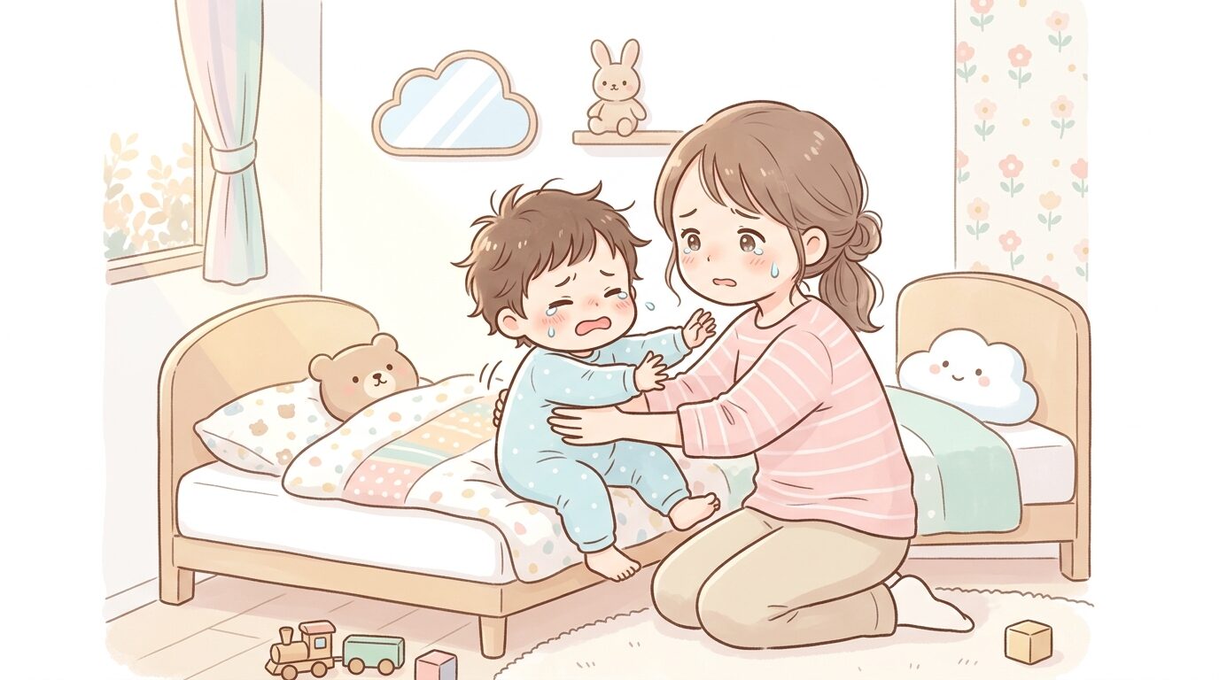 朝の光が差し込む子ども部屋で、ベッドの上で泣きながら抱っこを嫌がる2歳児と困り顔の母親
