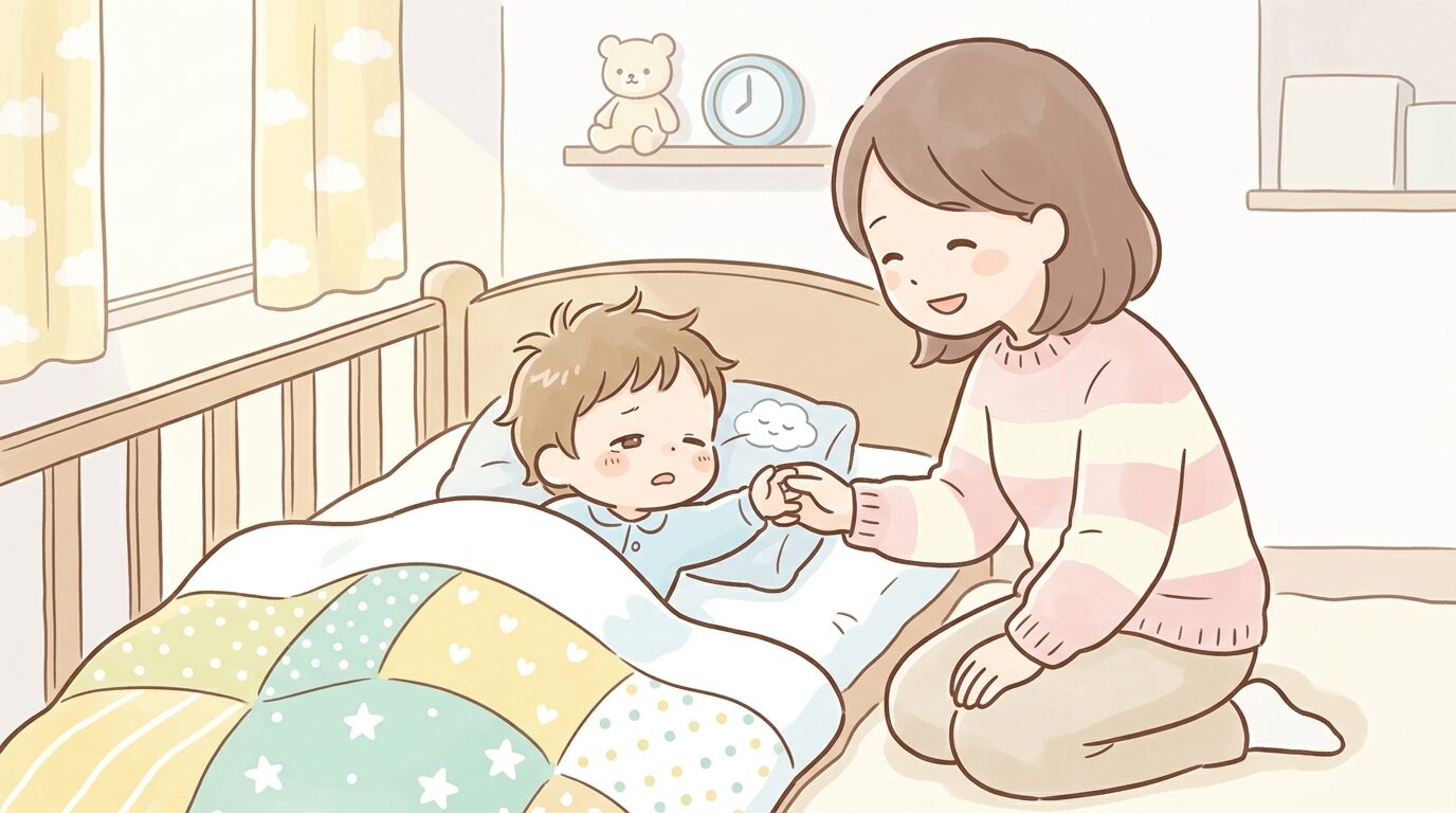 布団の中で子どもの小さな手を優しく握り、笑顔で話しかける親のあたたかい朝のワンシーン