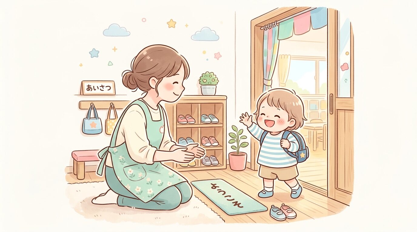 保育園の玄関先で笑顔を見せる2歳児と、その様子を見守る保育士の穏やかな朝の風景