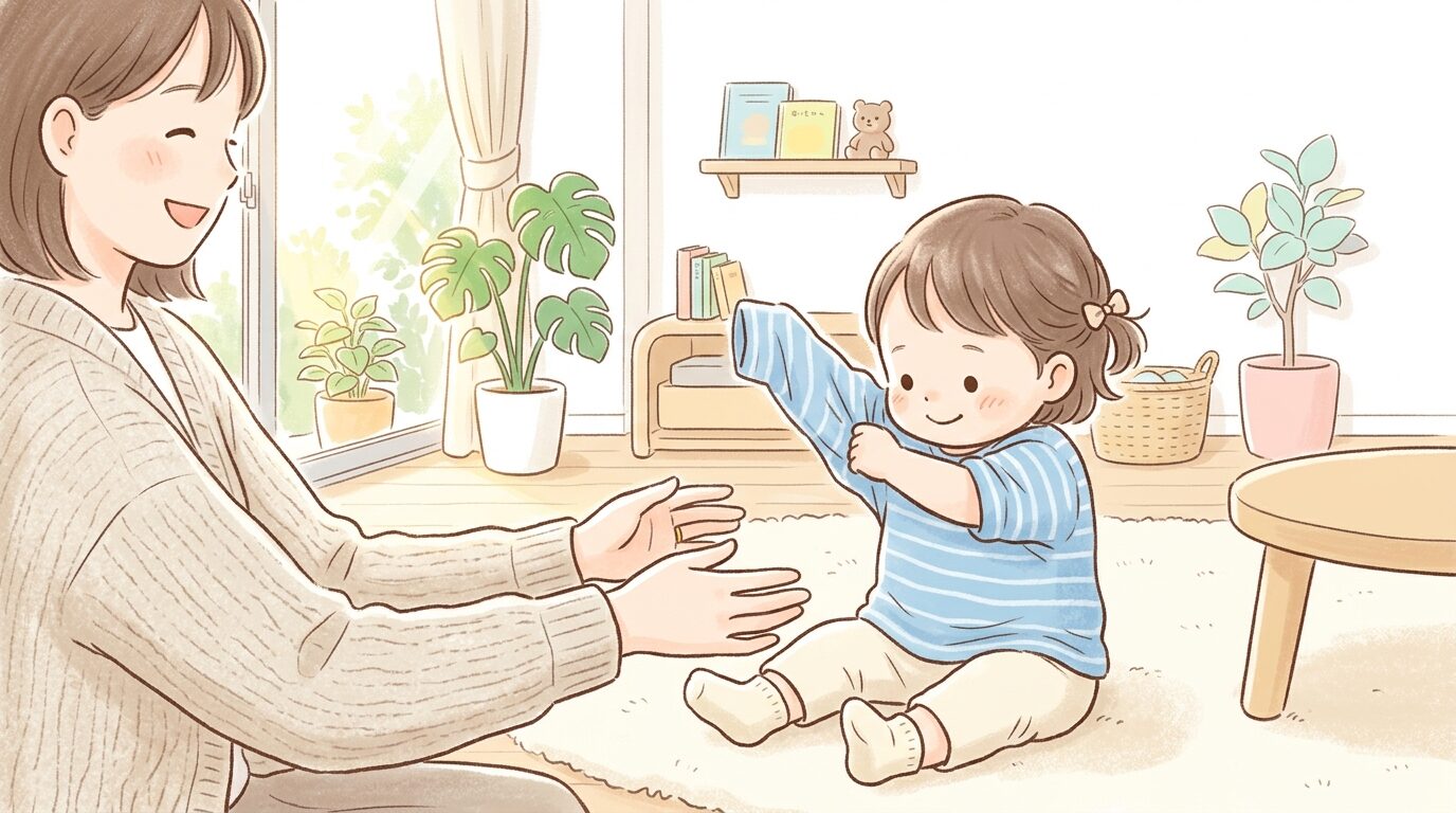 朝の光が差し込むリビングで2歳児が自分でTシャツを着ようとしている様子、見守る母親の手元