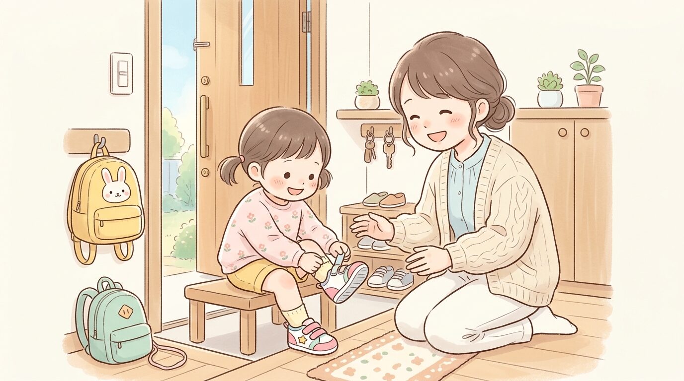 玄関先で靴を履く練習をする2歳児と、笑顔で見守る親のあたたかい朝の風景