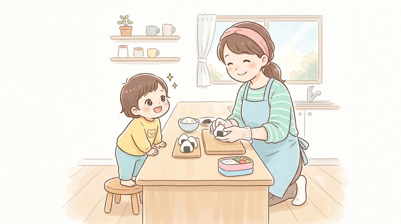 朝のキッチンでおにぎりを握る親と、隣で興味津々に見つめる2歳の子ども