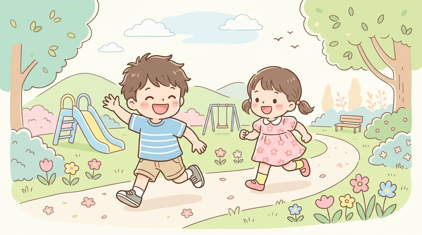 公園で楽しそうに走り回る3歳くらいの男の子と女の子、笑顔いっぱいの様子