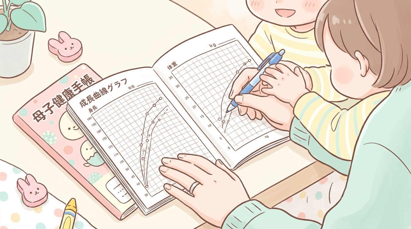 母子健康手帳の成長曲線グラフに親子で数値を書き込んでいる手元のクローズアップ