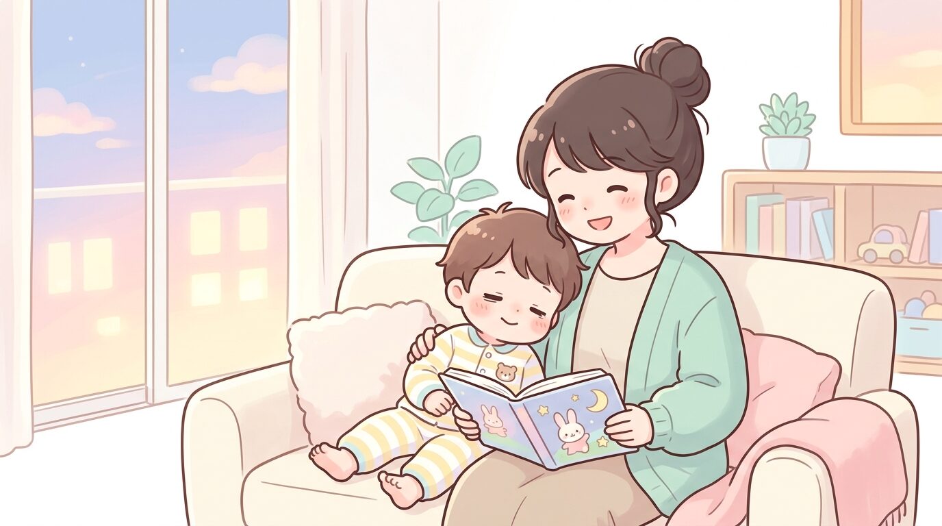 夕方の明るいリビングで絵本を読み聞かせる親と眠そうな3歳児の温かい雰囲気