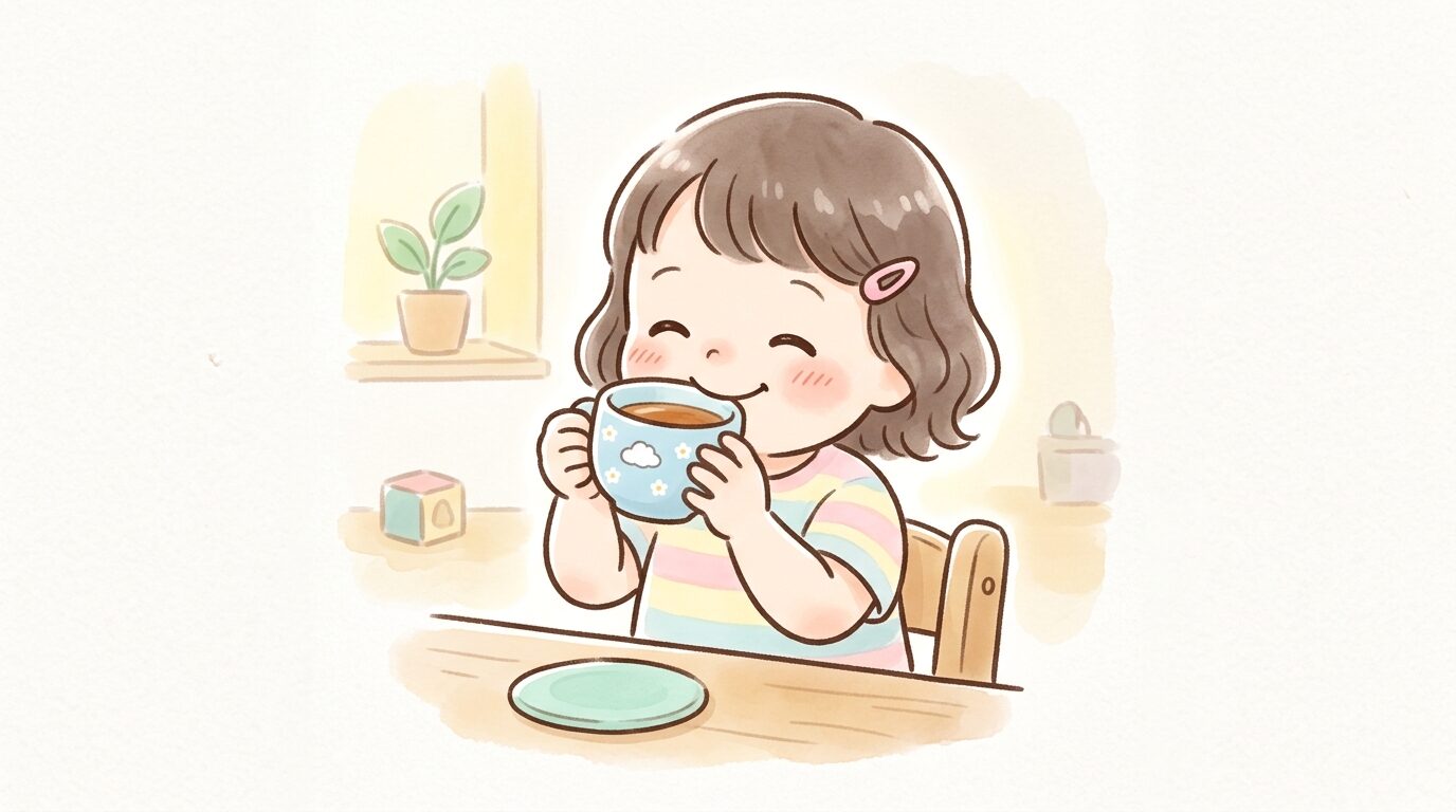 麦茶入りのコップを両手で持ち、笑顔で飲む3歳くらいの子ども