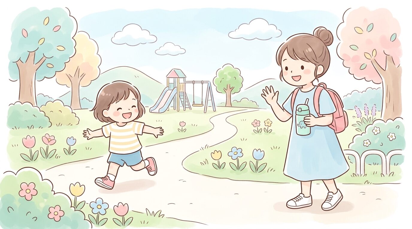 公園で元気に走り回る3歳児と、水筒を持って見守る親