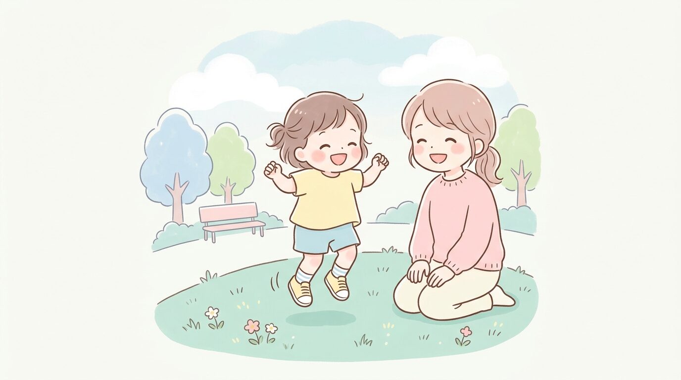 公園の芝生の上で両足ジャンプに挑戦する3歳くらいの子どもと、それを笑顔で見守る母親