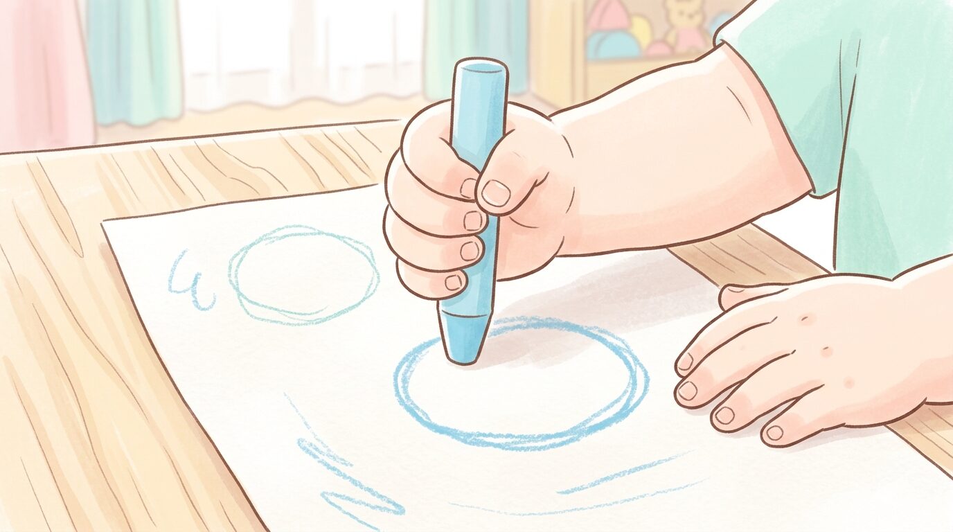 テーブルでクレヨンを持って丸を描く練習をする3歳児の手元のクローズアップ