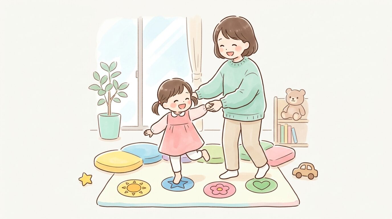 室内でカラフルなマーカーを使い、片足立ちの練習をする親子の楽しそうな様子