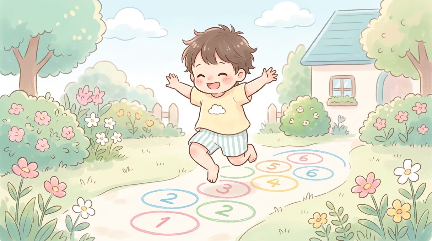 庭で描いたけんけんぱの丸の上をジャンプして楽しむ元気な子どもの姿