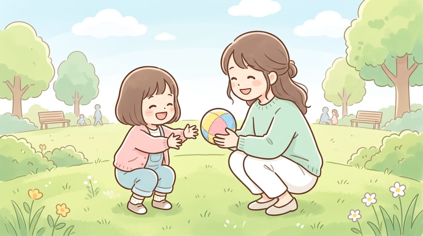公園の芝生でカラフルなボールを持って笑顔で親子が向き合っている様子