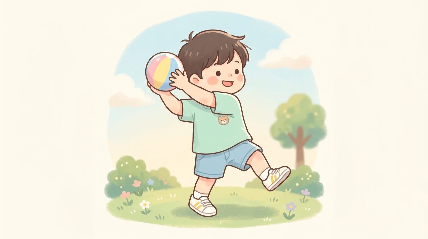体をひねってボールを投げようとする3歳くらいの男の子の練習風景