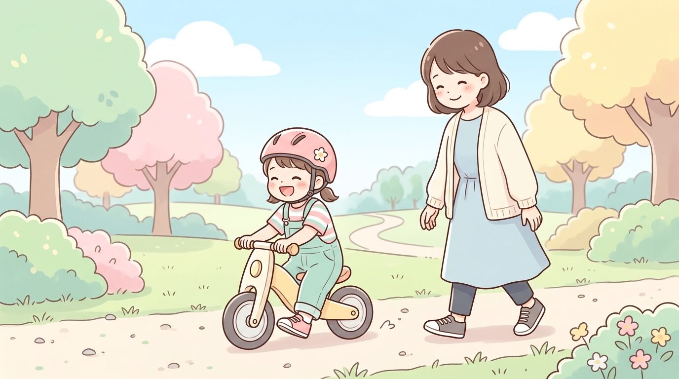 公園でキックバイクに笑顔で乗る3歳くらいの子どもと、隣で見守る母親の温かい様子
