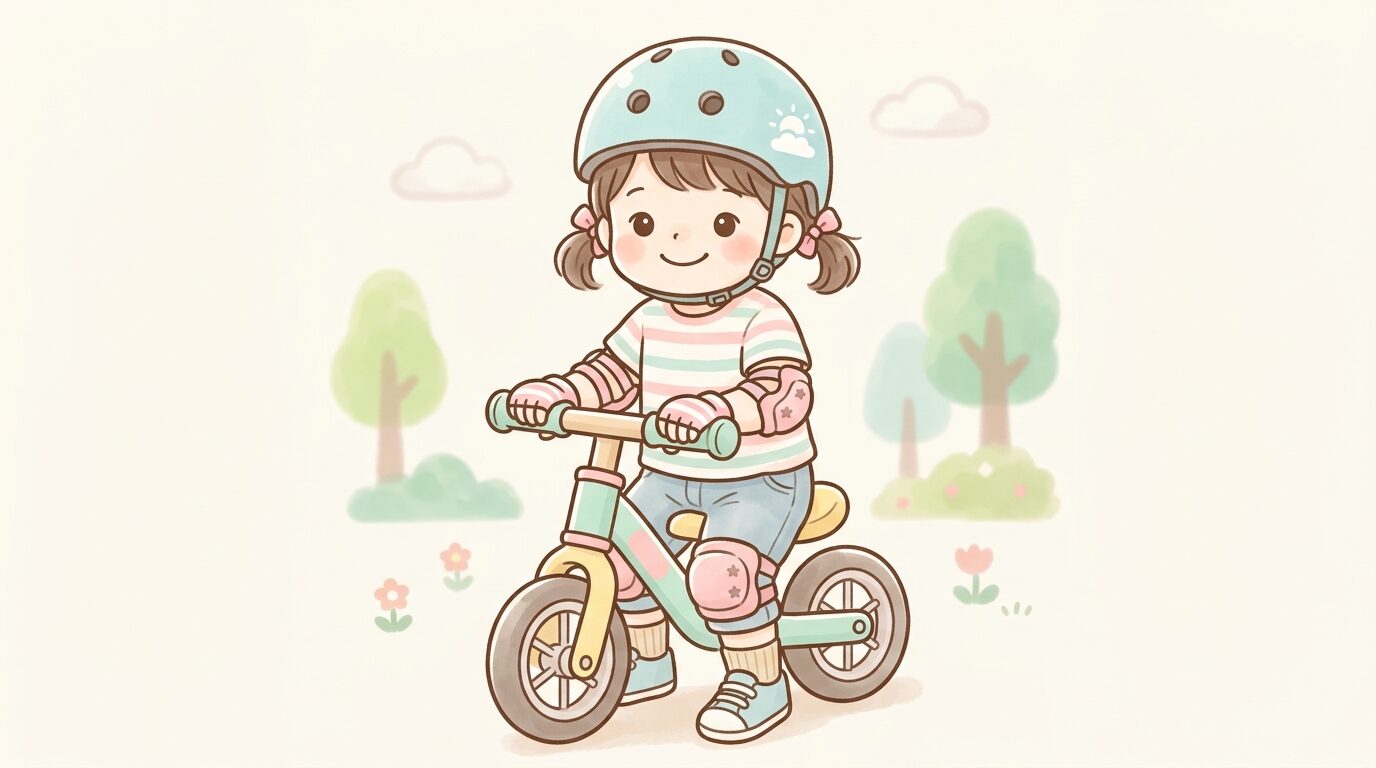 ヘルメットとひざ・ひじプロテクターを装着してキックバイクに座る子どもの正面アップ