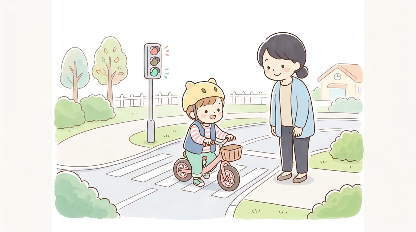 交通公園の横断歩道模擬コースでキックバイクに乗る子どもと見守る保護者