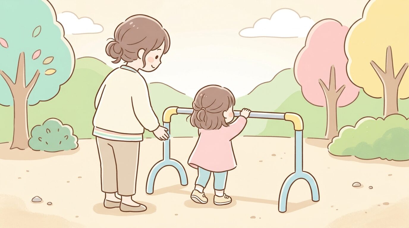 公園の低い鉄棒に両手でつかまろうとする3歳児の後ろ姿と見守る母親