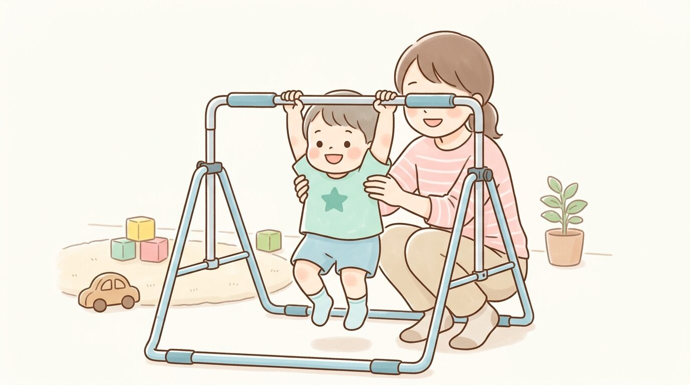 室内用の折りたたみ鉄棒で親に手を支えられながらぶら下がる練習をする幼児