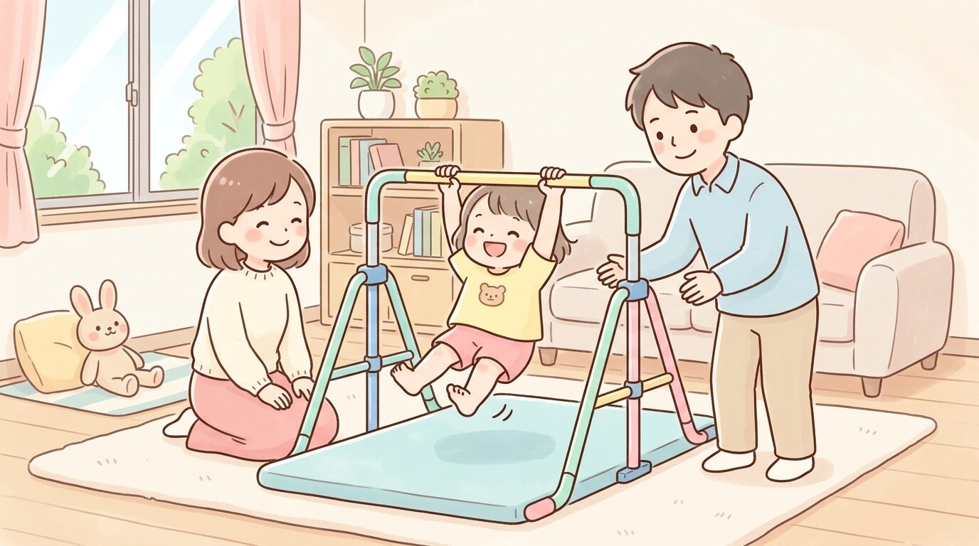 リビングに設置された折りたたみ式室内鉄棒で遊ぶ子供と見守る家族の温かい雰囲気