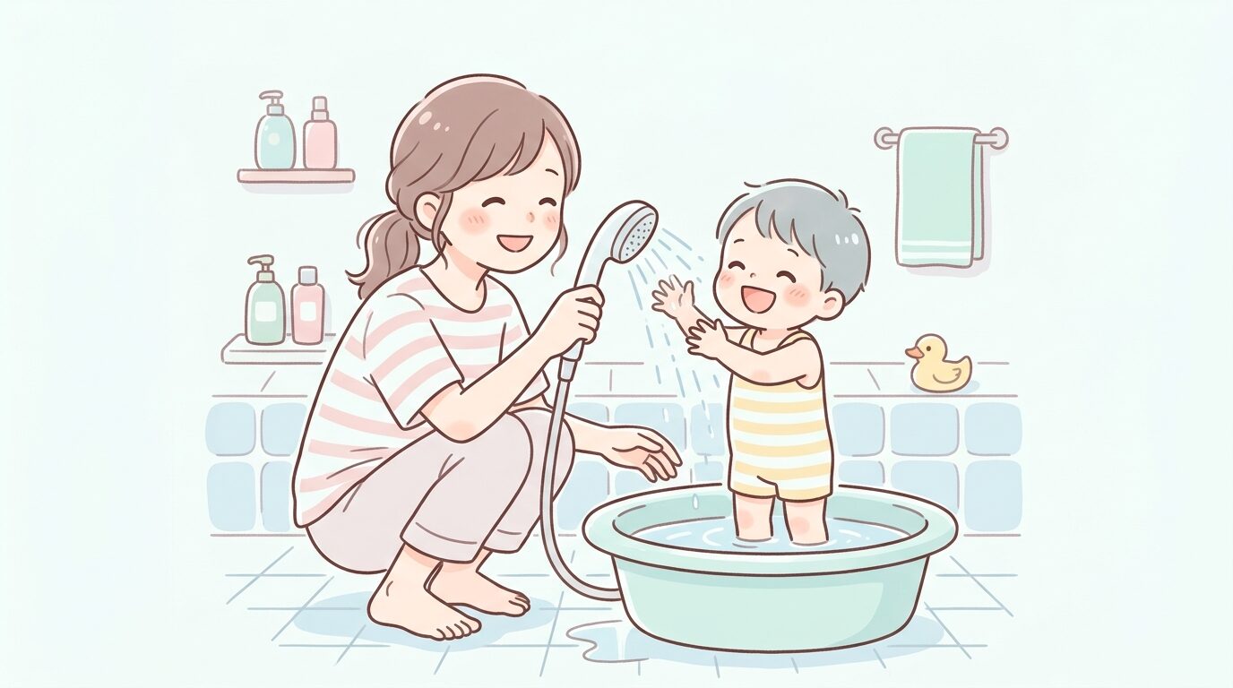 お風呂場で笑顔の3歳の子どもと一緒にシャワーで遊ぶ母親