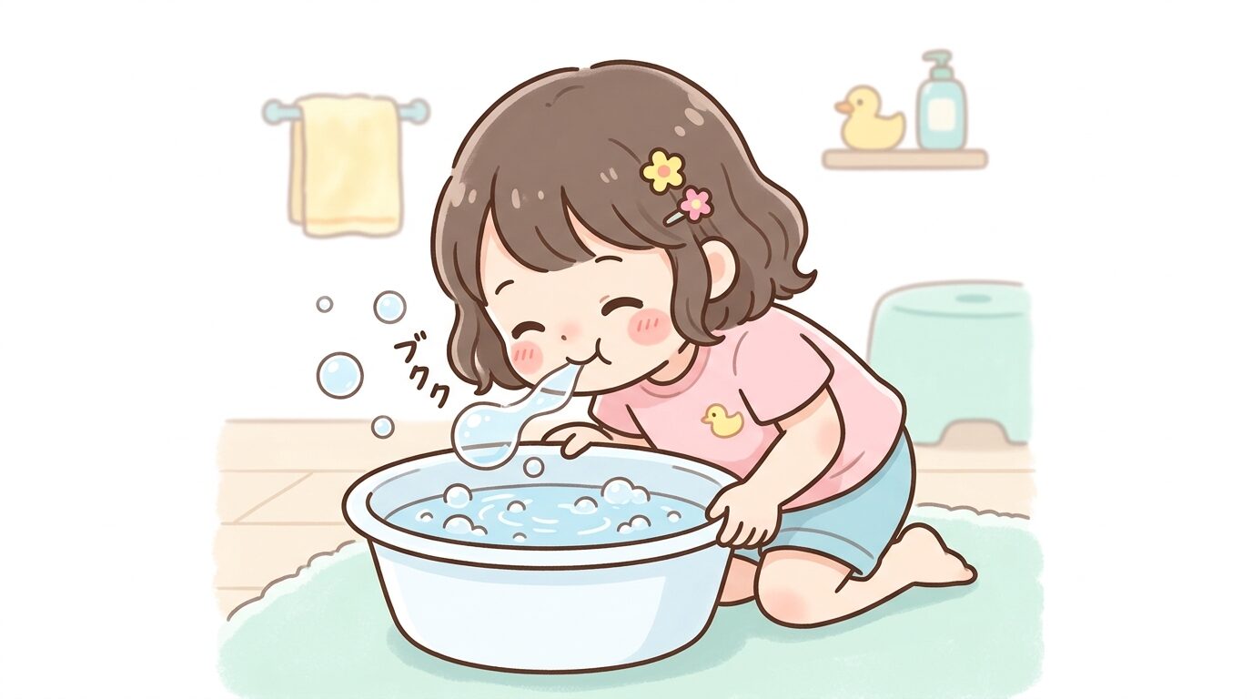 洗面器の水に顔を近づけてぶくぶく遊びをする楽しそうな3歳児