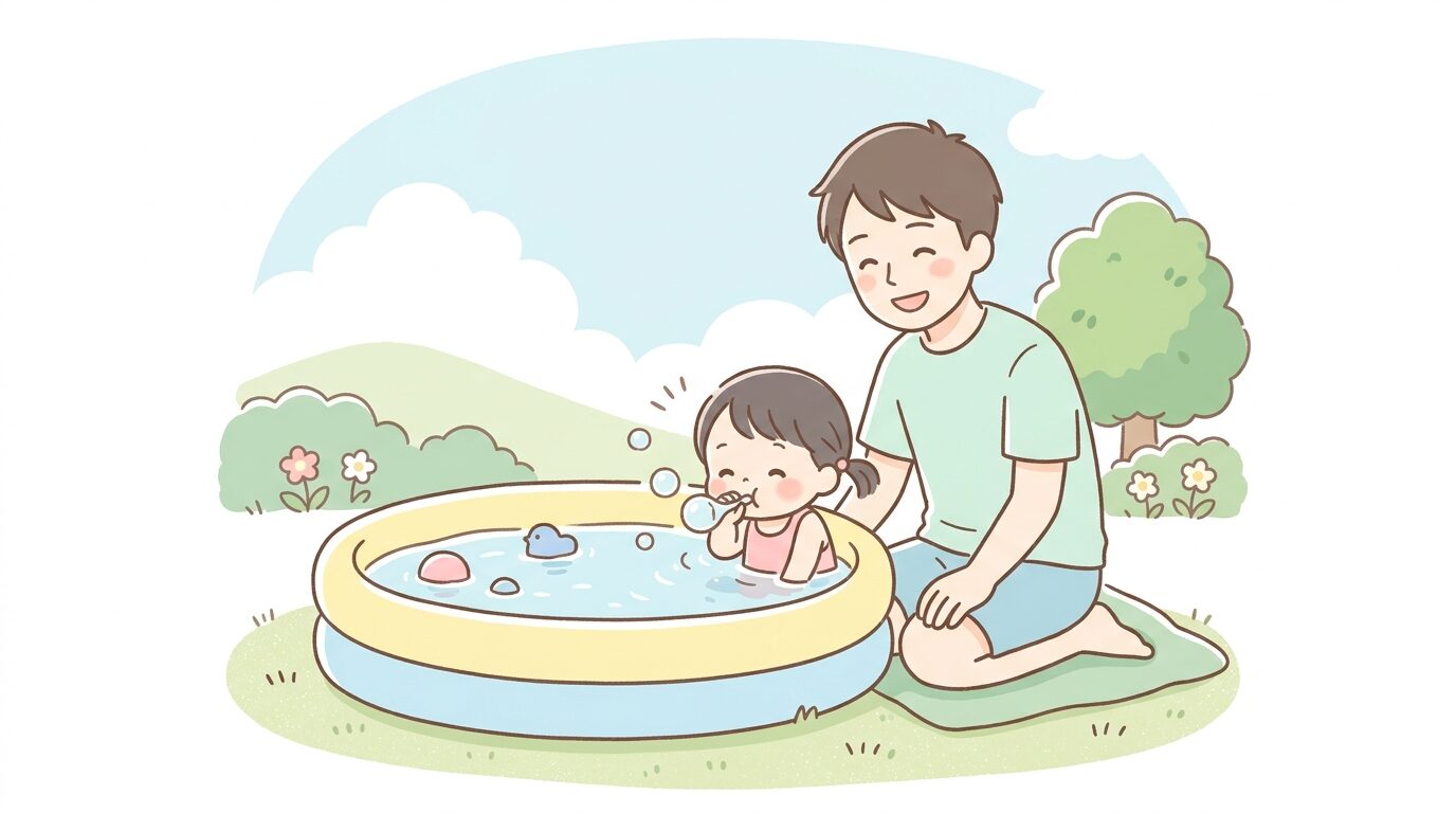 ビニールプールのそばで子どもを見守りながら微笑む父親の姿