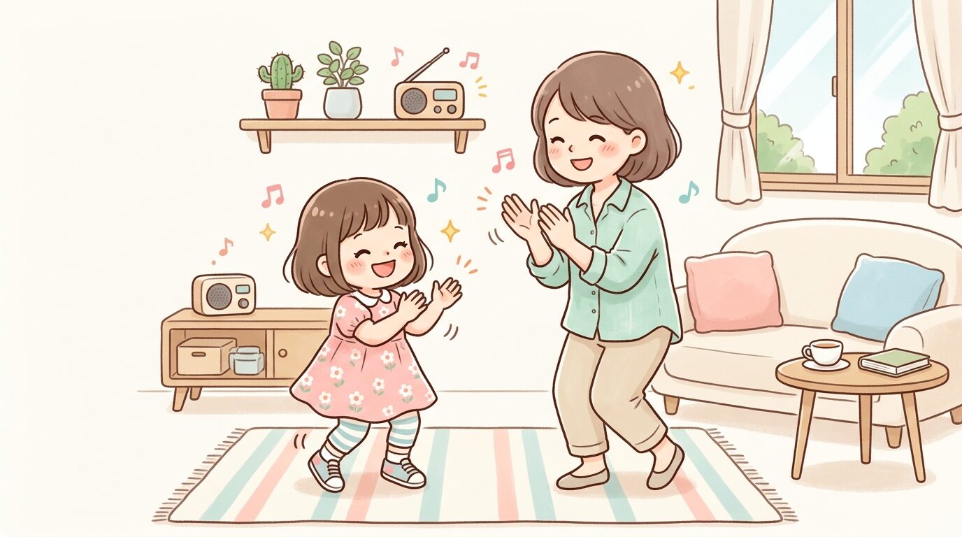 リビングで音楽に合わせて手拍子をしながら笑顔で踊る3歳の子どもと母親