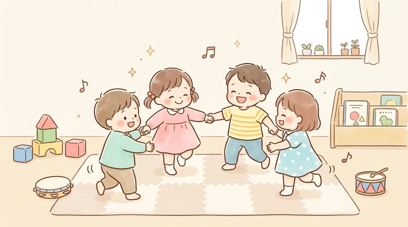保育室で複数の3歳児が輪になって手をつなぎ音楽に合わせて体を動かしている様子