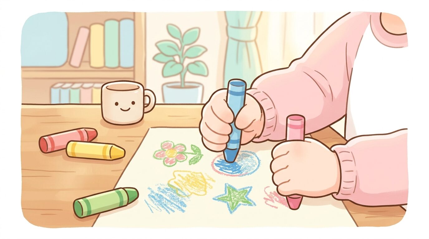 クレヨンを握って画用紙に塗り絵をする3歳くらいの女の子の手元、リビングのテーブルで
