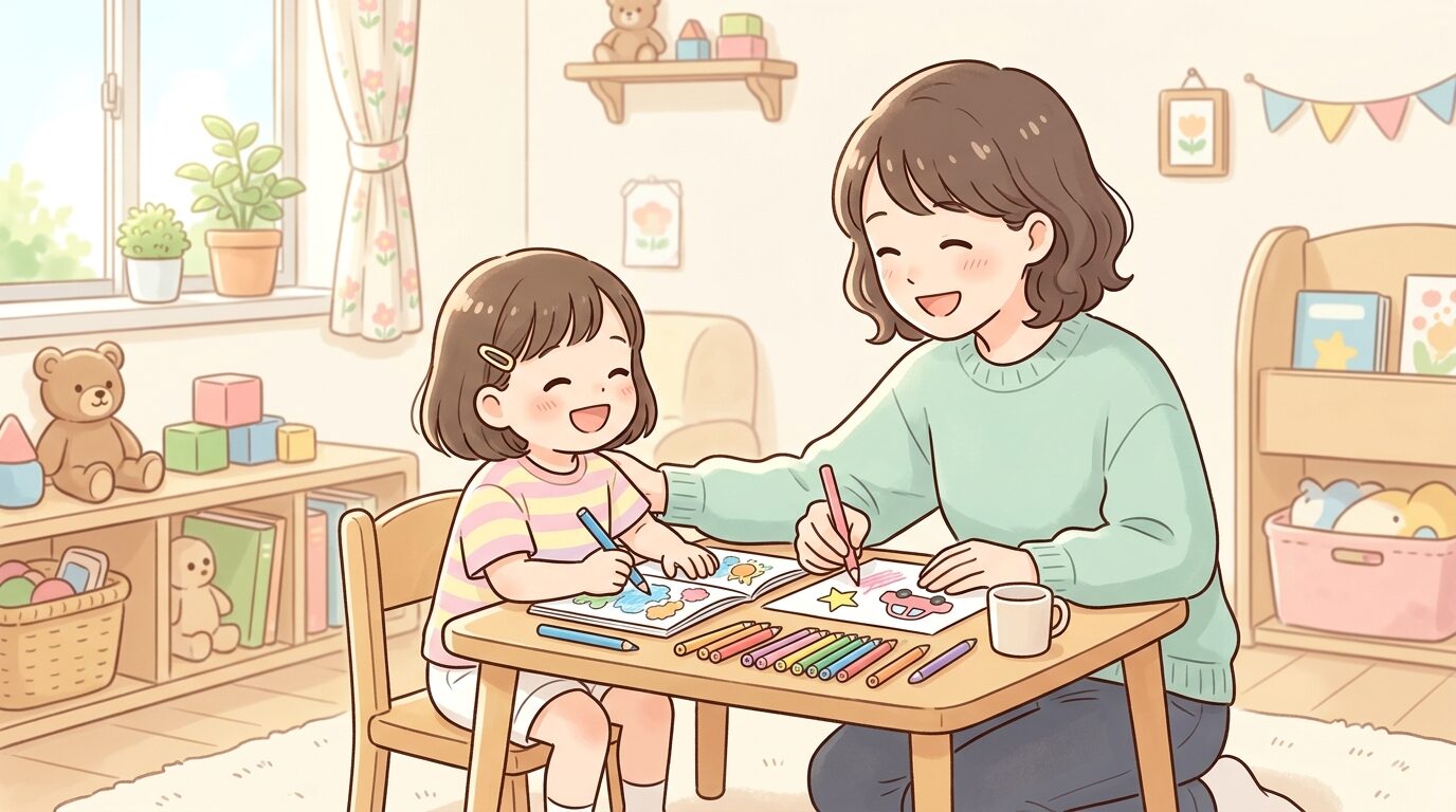 親子で一緒に塗り絵をしながら笑顔で会話をしている様子、明るい日差しの子ども部屋