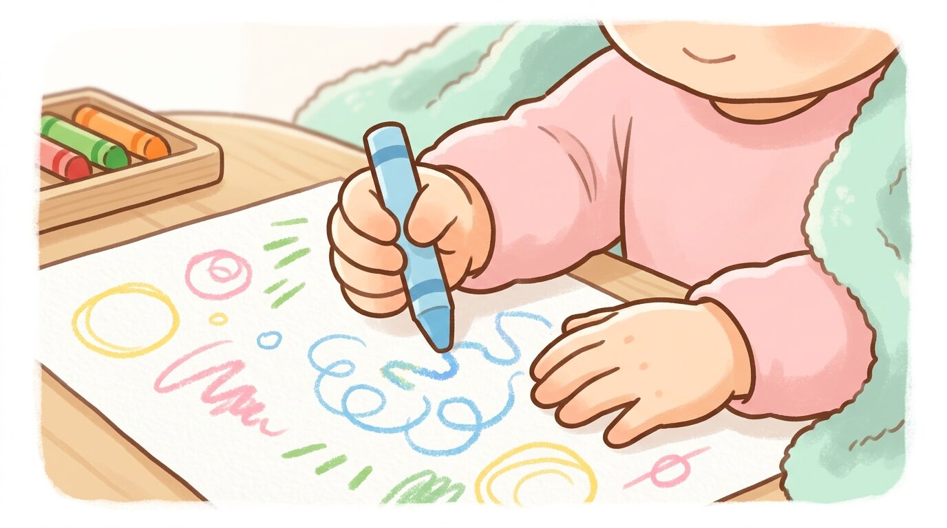 クレヨンで丸や線を描く3歳児の小さな手元のクローズアップ