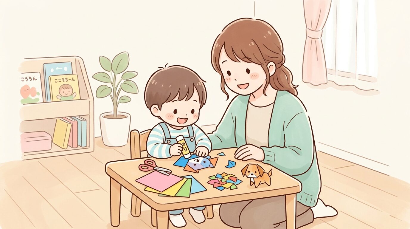 テーブルの上で折り紙やのりを使い夢中で工作をする3歳児と隣で見守る親