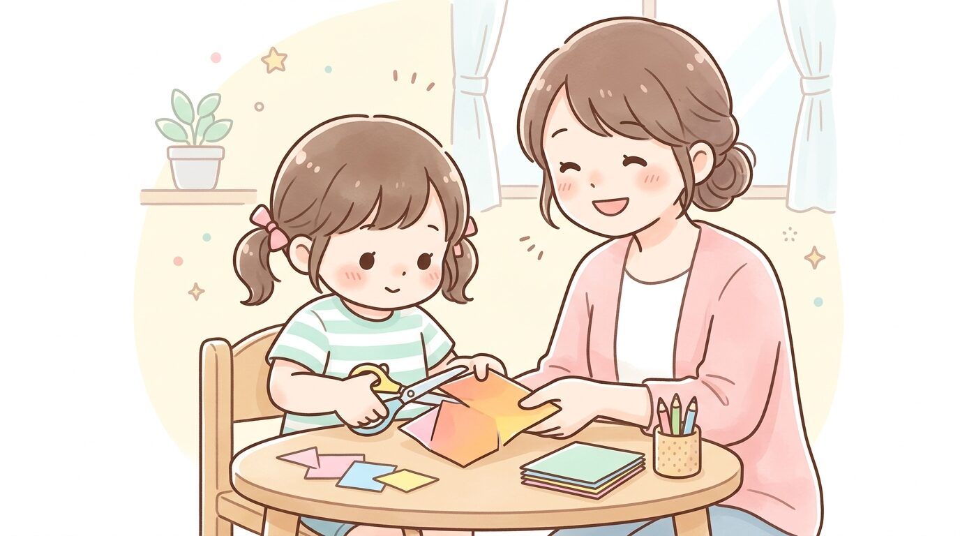 安全はさみで紙を切る練習をする幼児の手元と見守る保護者
