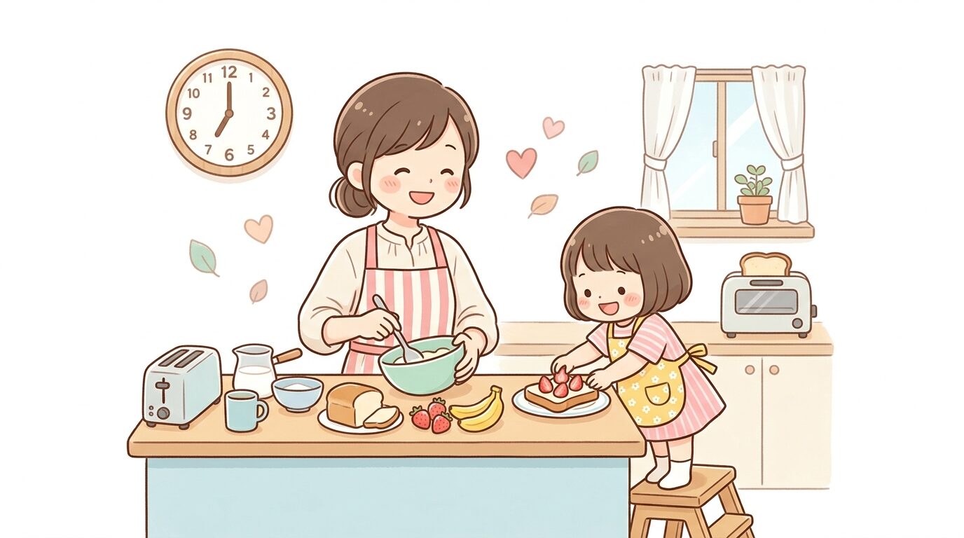 明るいキッチンで時計を見ながら3歳くらいの子どもと一緒に朝食の準備をする母親