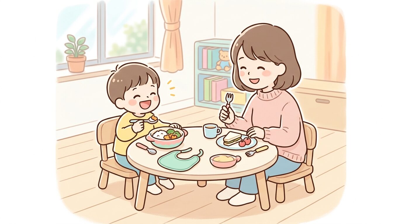 リビングのキッズテーブルで楽しそうに昼食を食べる3歳児と見守る親の様子